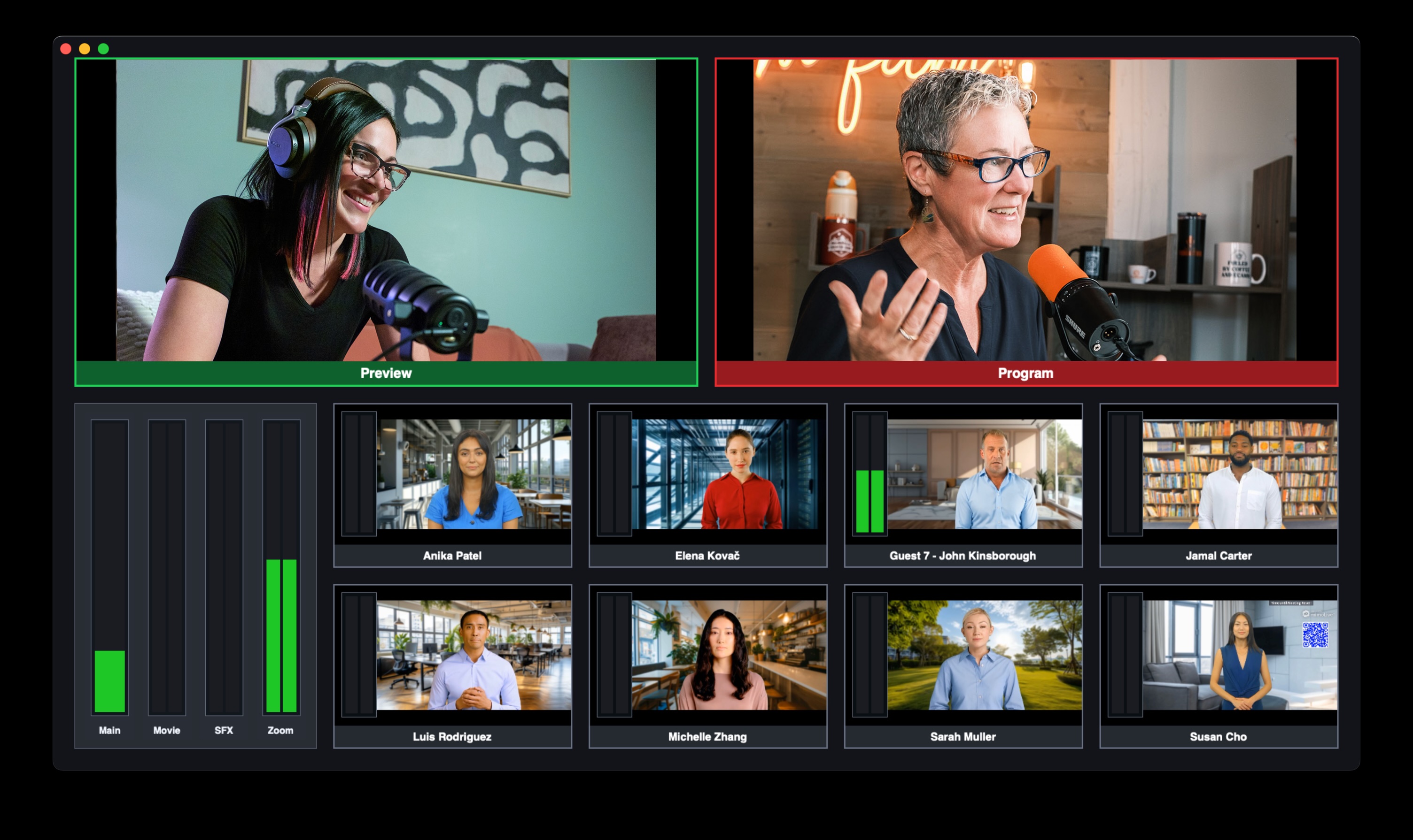 Multiview showing cameras, program feed, and audio levels.