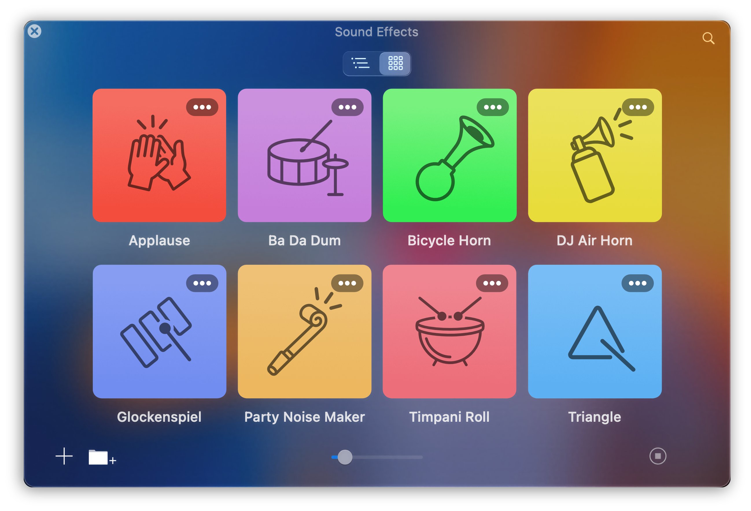 Sound Effects grid with custom colors and images.