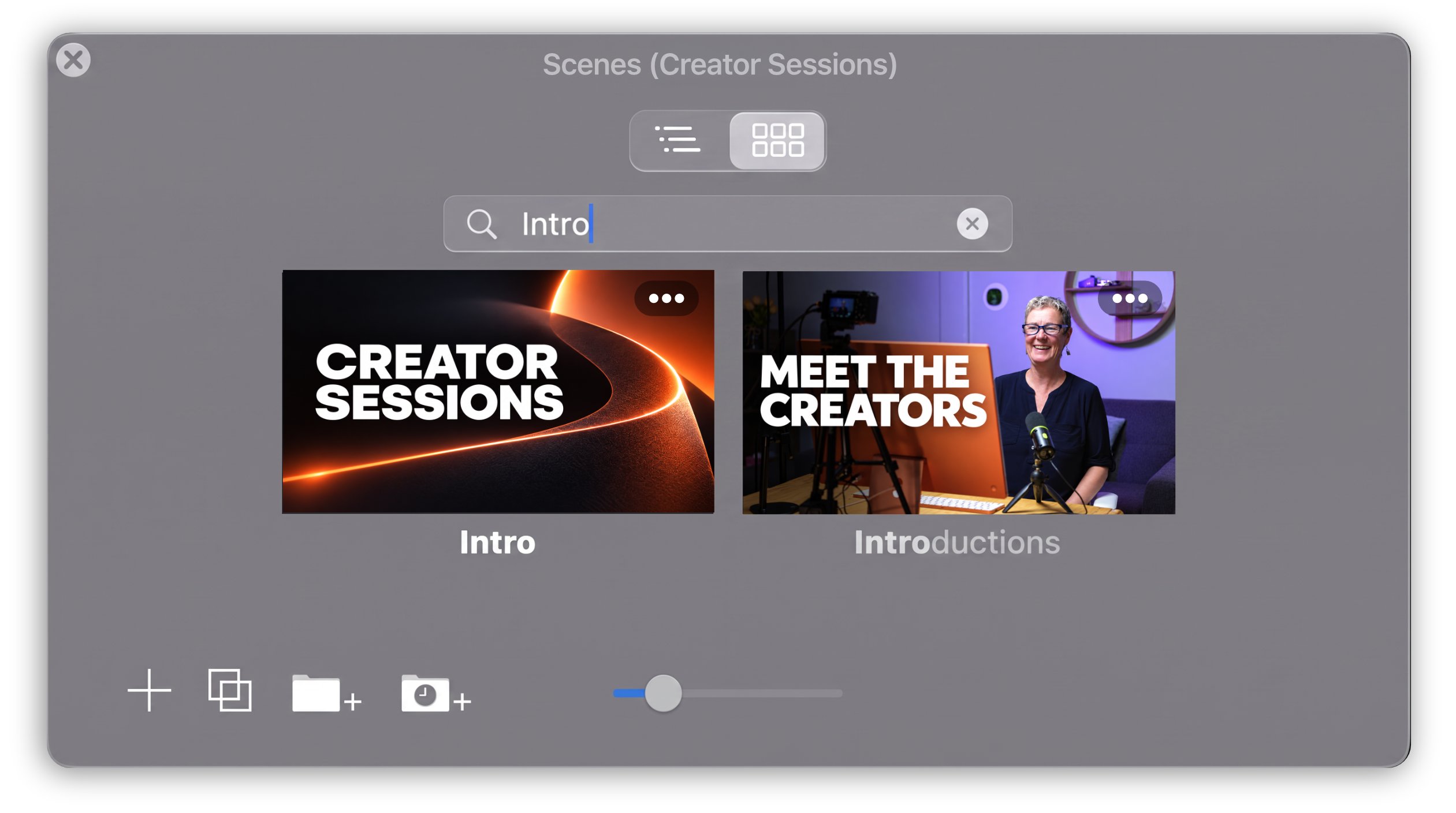 Scenes window filtered using the search field.